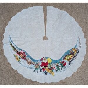 Vintage Christmas Tree Skirt Santa Elves White Felt 34" Rennoc Sleigh‎ 80s 90s